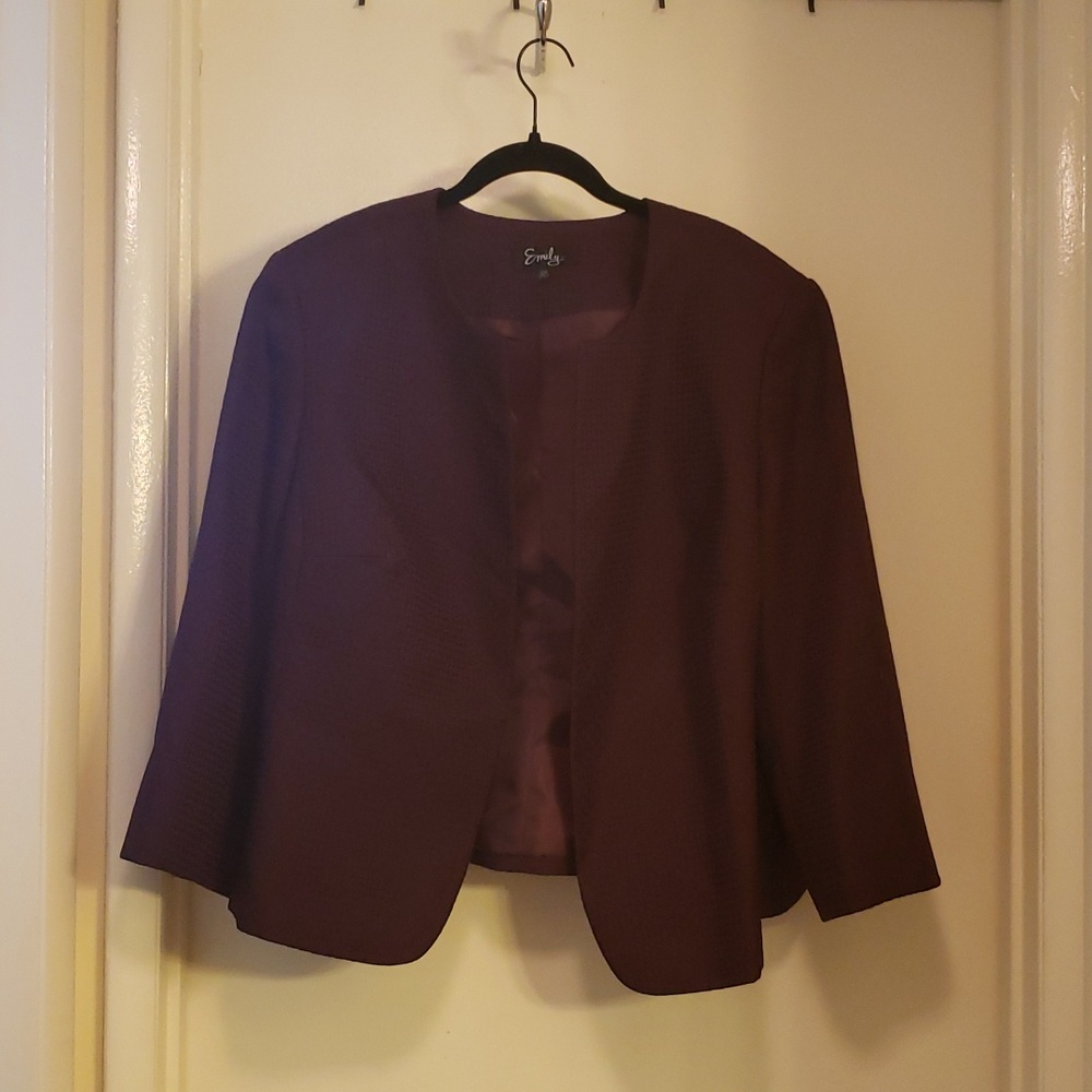 Eggplant colored women's business suit. Jacket and square neck dress set